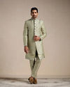 Lime Cream Green Self Embroidered Indo Western Set image number 1